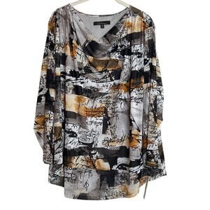 Calessa Womens Blouse 2X Gold Multi Print Mesh Overlay Cowl Neck 3/4 Sleeve